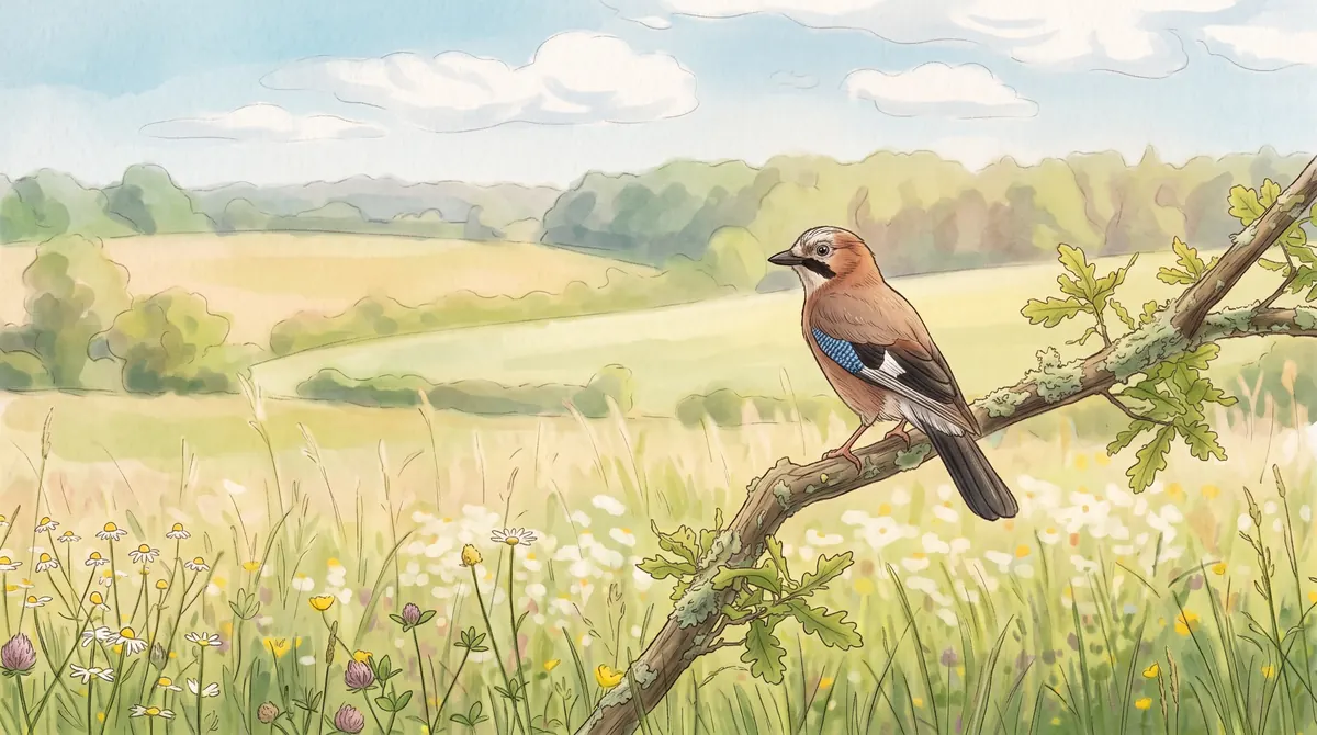 Watercolour illustration of a jay perched on an oak branch, above a field of flowers.